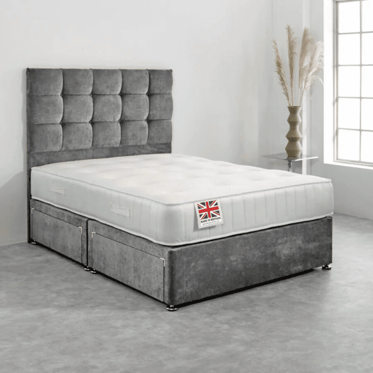 Small Double Divan Bed Set with Diamond Studded Cube Headboard UK - Side view of premium divan from Newcastle Beds UK